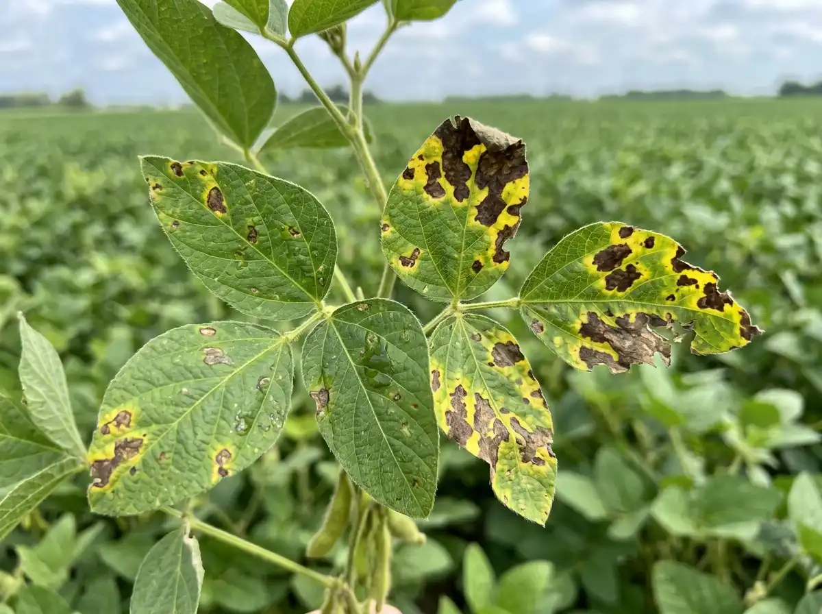 Bacterial blight in Soybean, on Soybean, Bacterial
