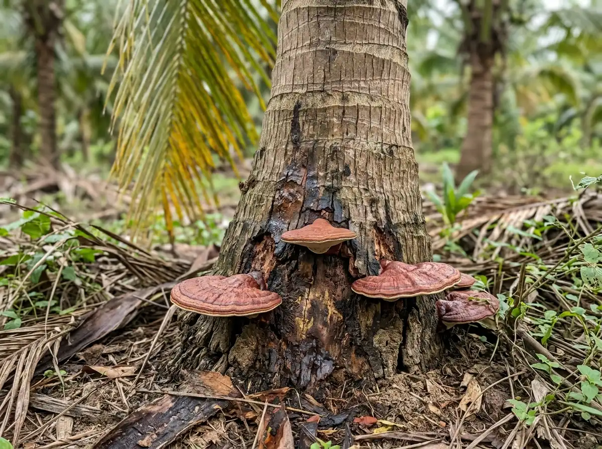 Basal stem rot (Ganoderma wilt) in Coconut Palm, sur Le Cocotier, Fungal
