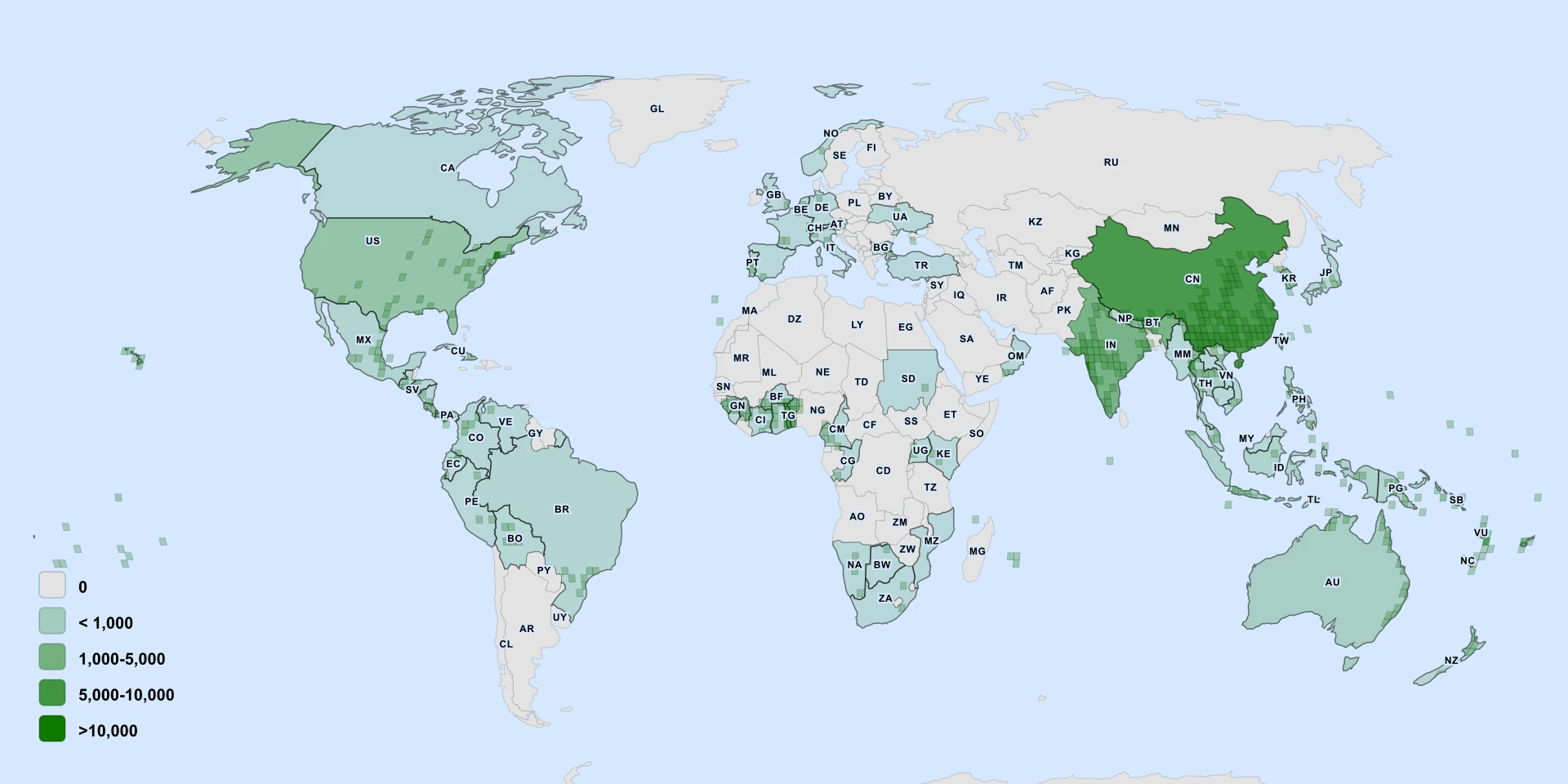 Distribution map for Aibika (Abelmoschus manihot)