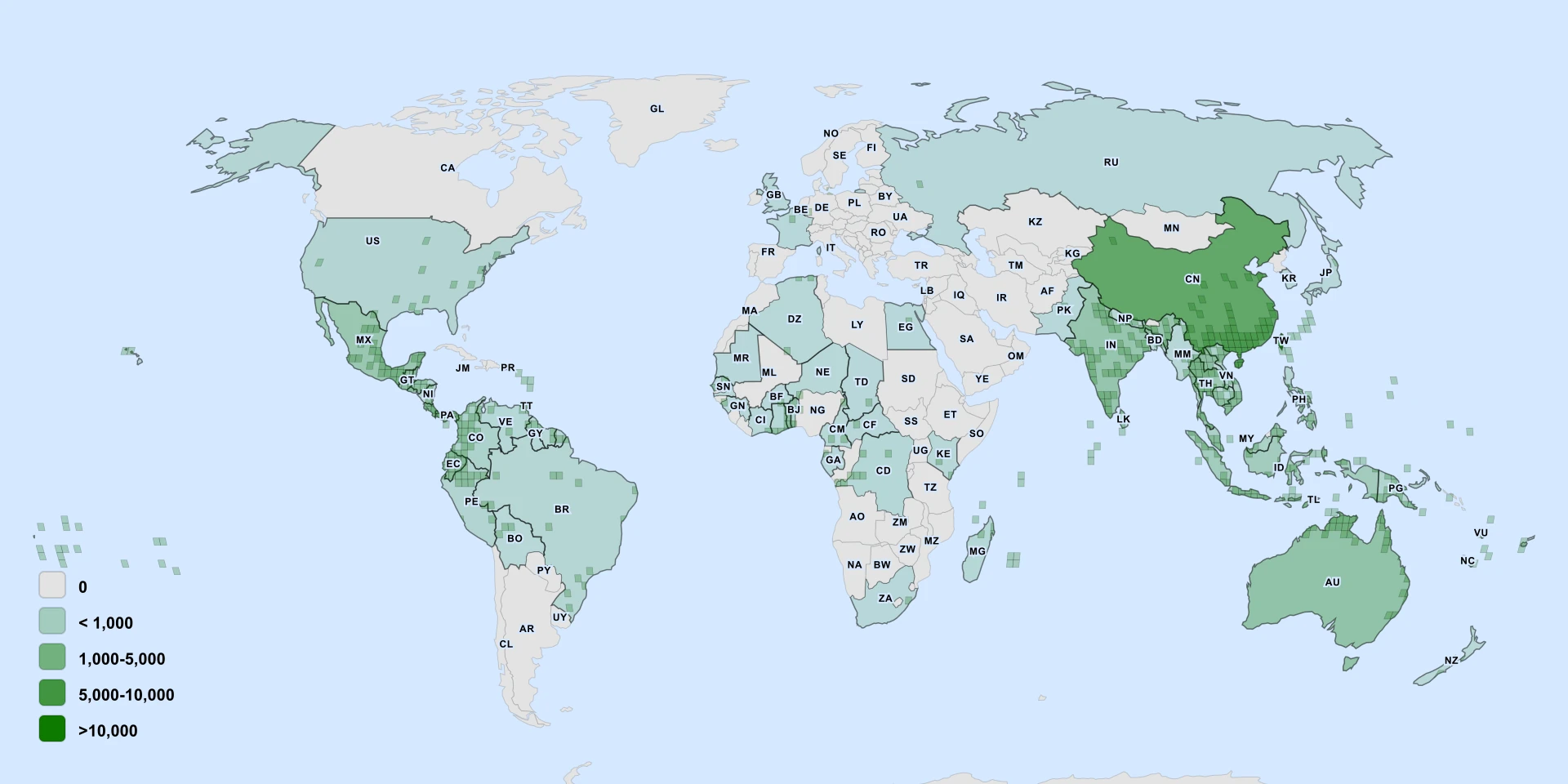 Distribution map for Musk Okra (Abelmoschus moschatus)