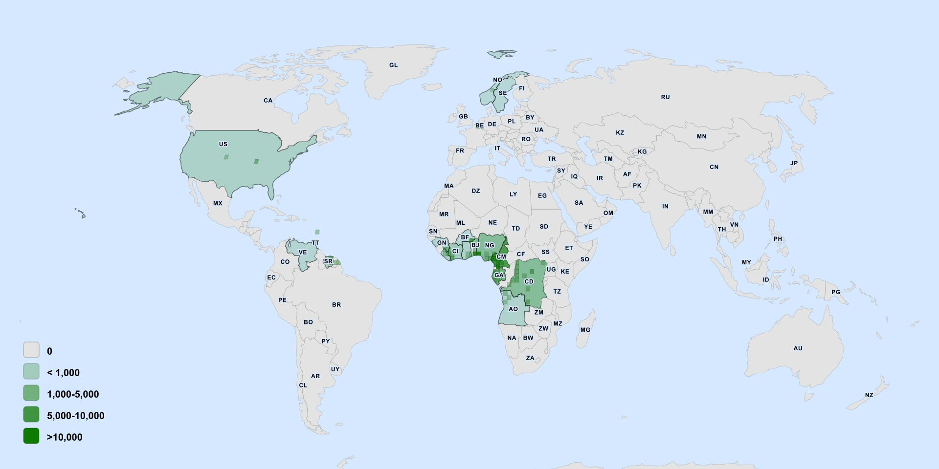 Distribution map for Grains Of Paradise (Aframomum melegueta)