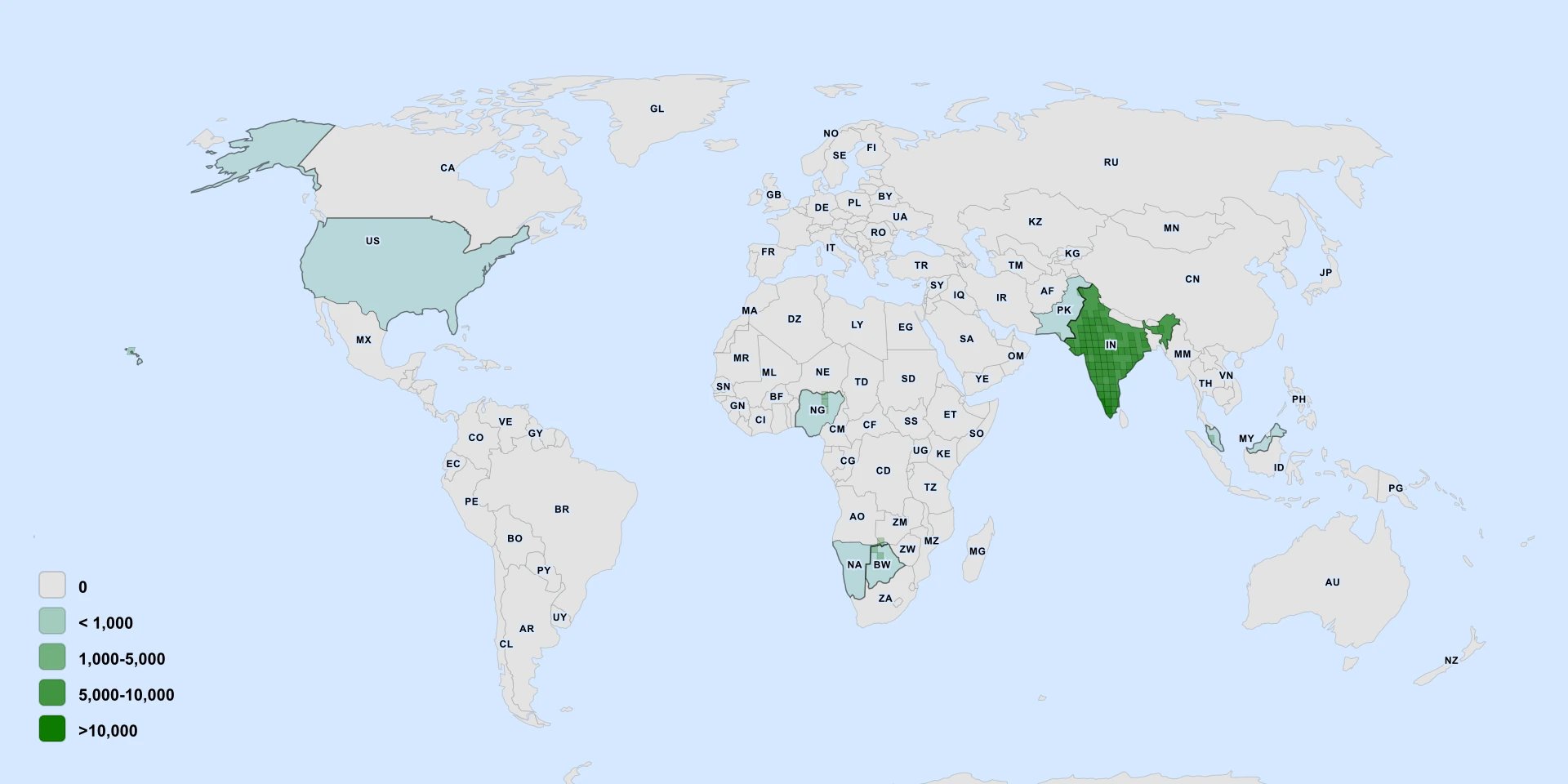 Distribution map for Indian Tree-Of-Heaven (Ailanthus excelsa)
