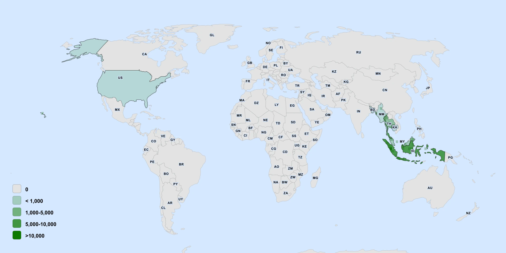 Distribution map for Jering (Archidendron jiringa)