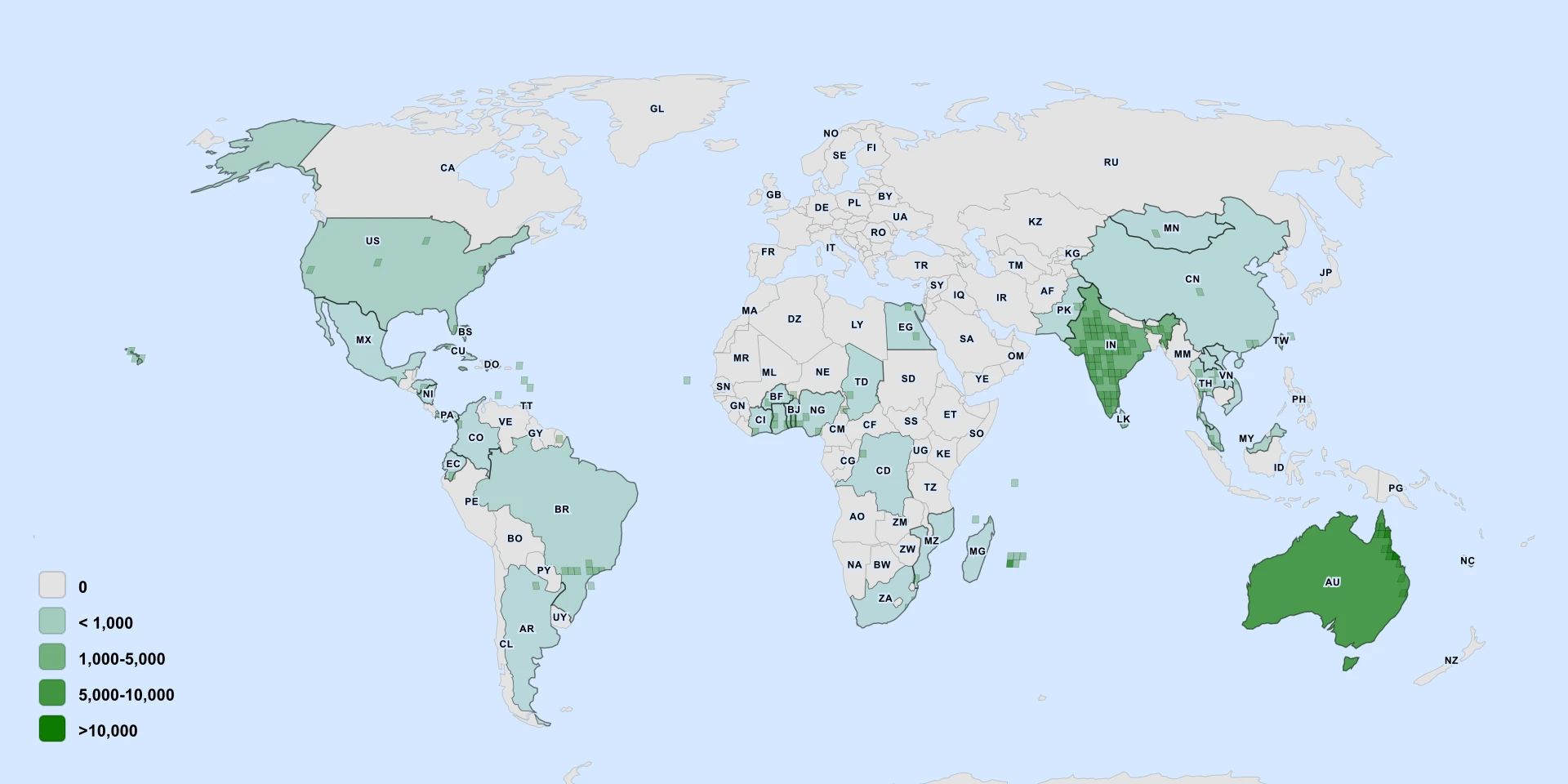 Distribution map for Baby Wood-Rose (Argyreia nervosa)