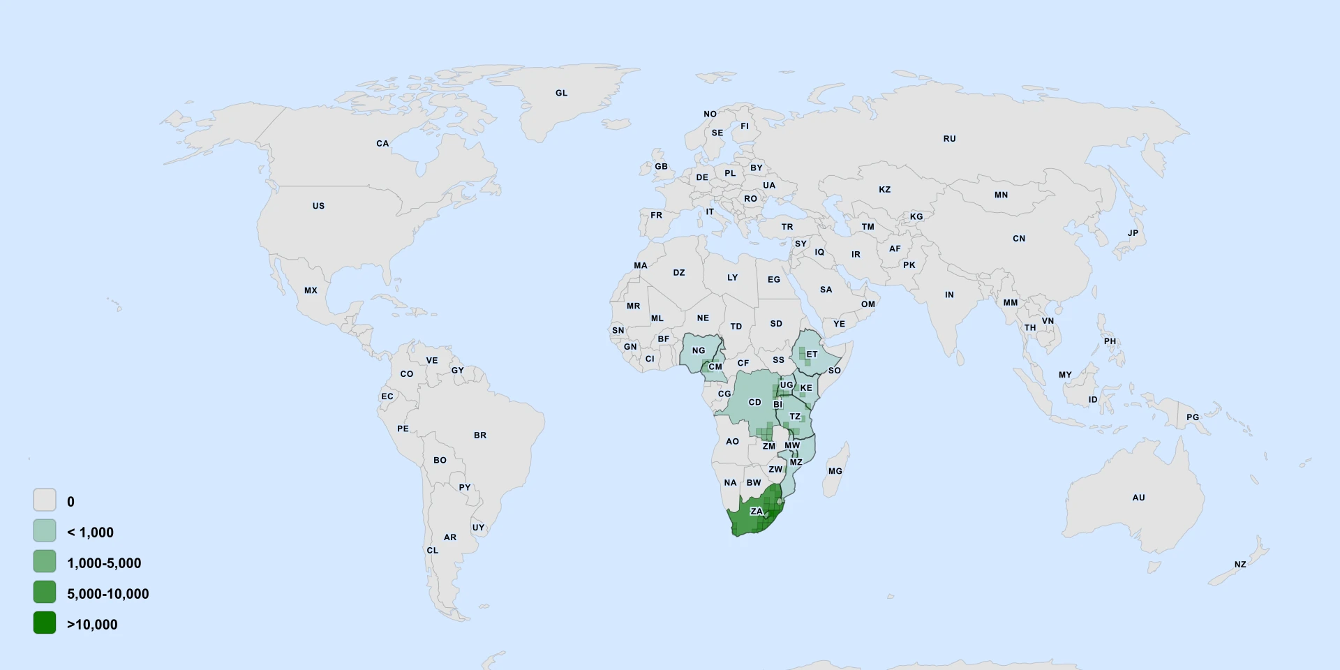 Distribution map for Blue-Eyed Grass (Aristea abyssinica)