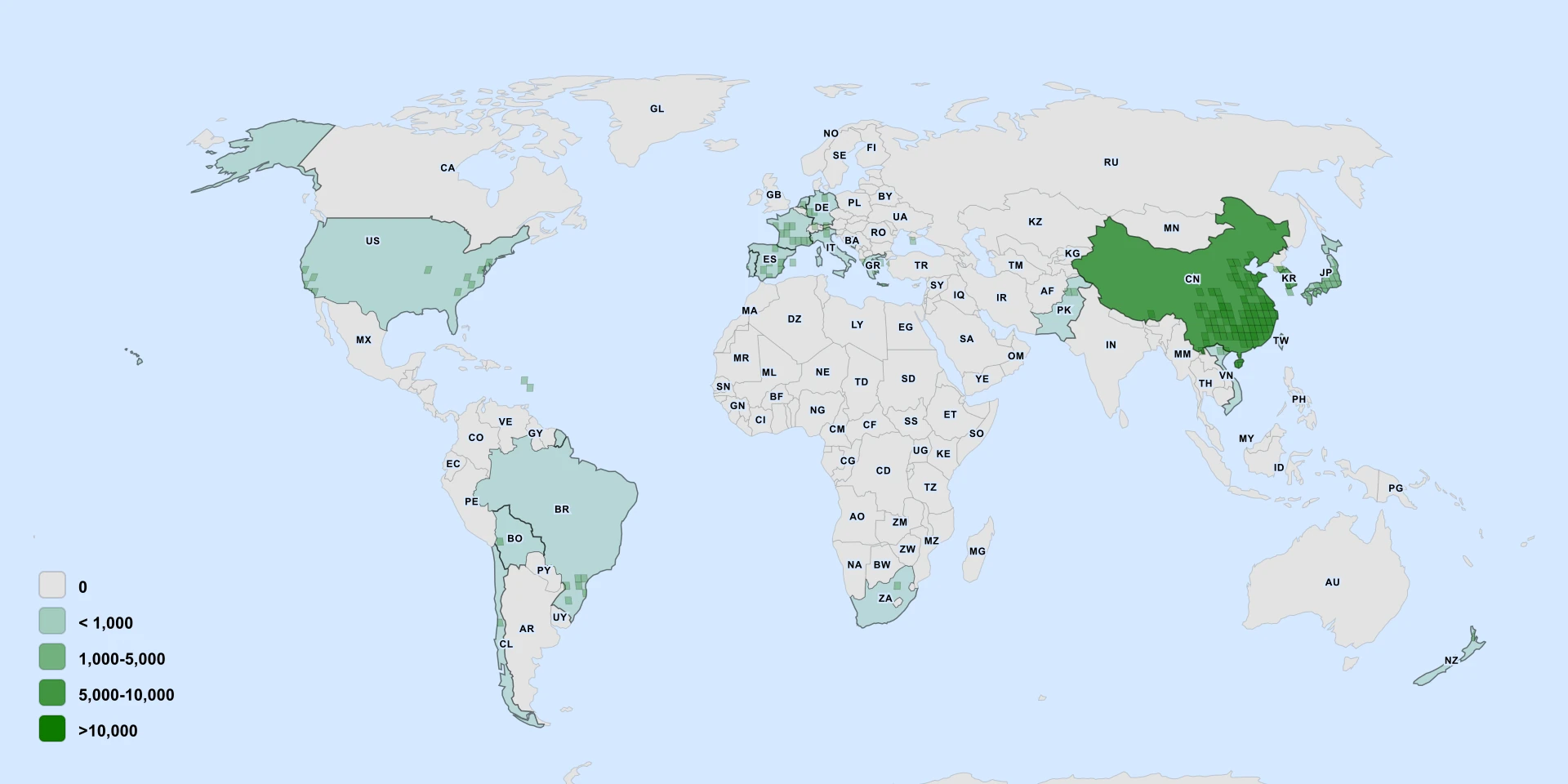 Distribution map for Chinese Trumpet Vine (Campsis grandiflora)