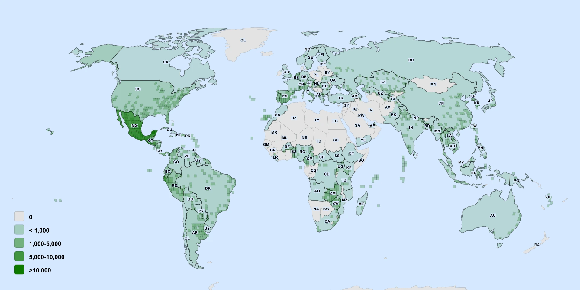 Distribution map for Squash (Cucurbita moschata)