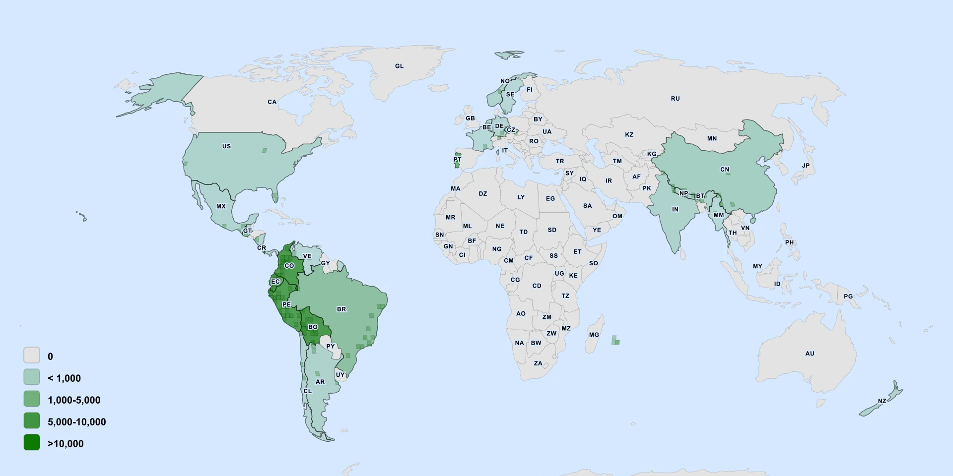 Carte de répartition : Caigua (Cyclanthera pedata)