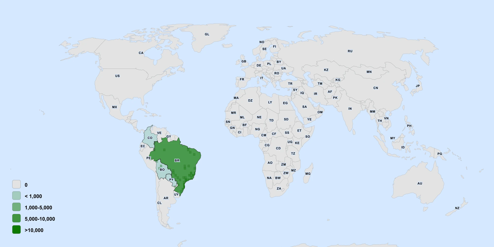 Distribution map for Achacha (Garcinia gardneriana)
