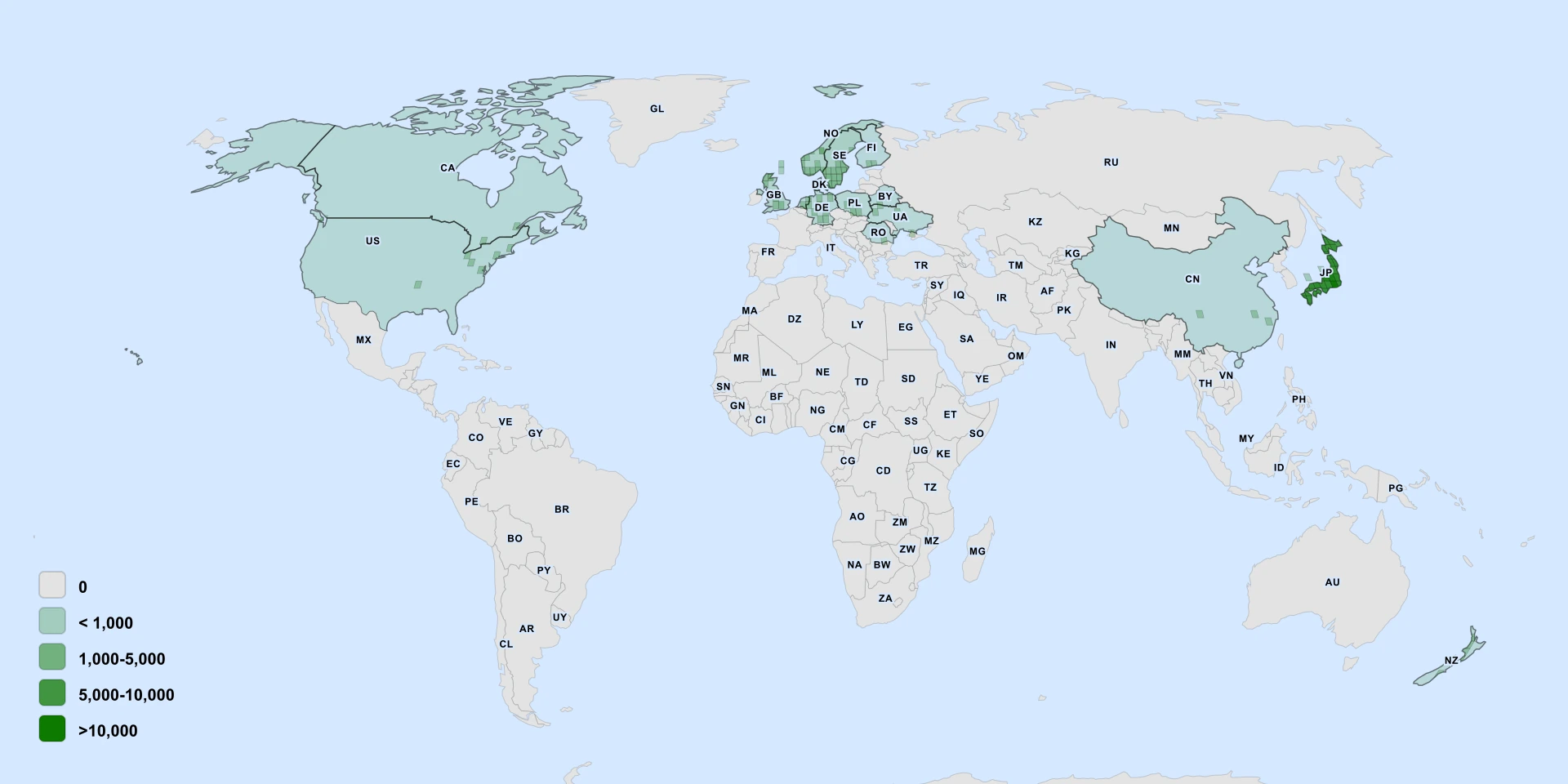 Distribution map for Siebold's Plantain Lily (Hosta sieboldiana)