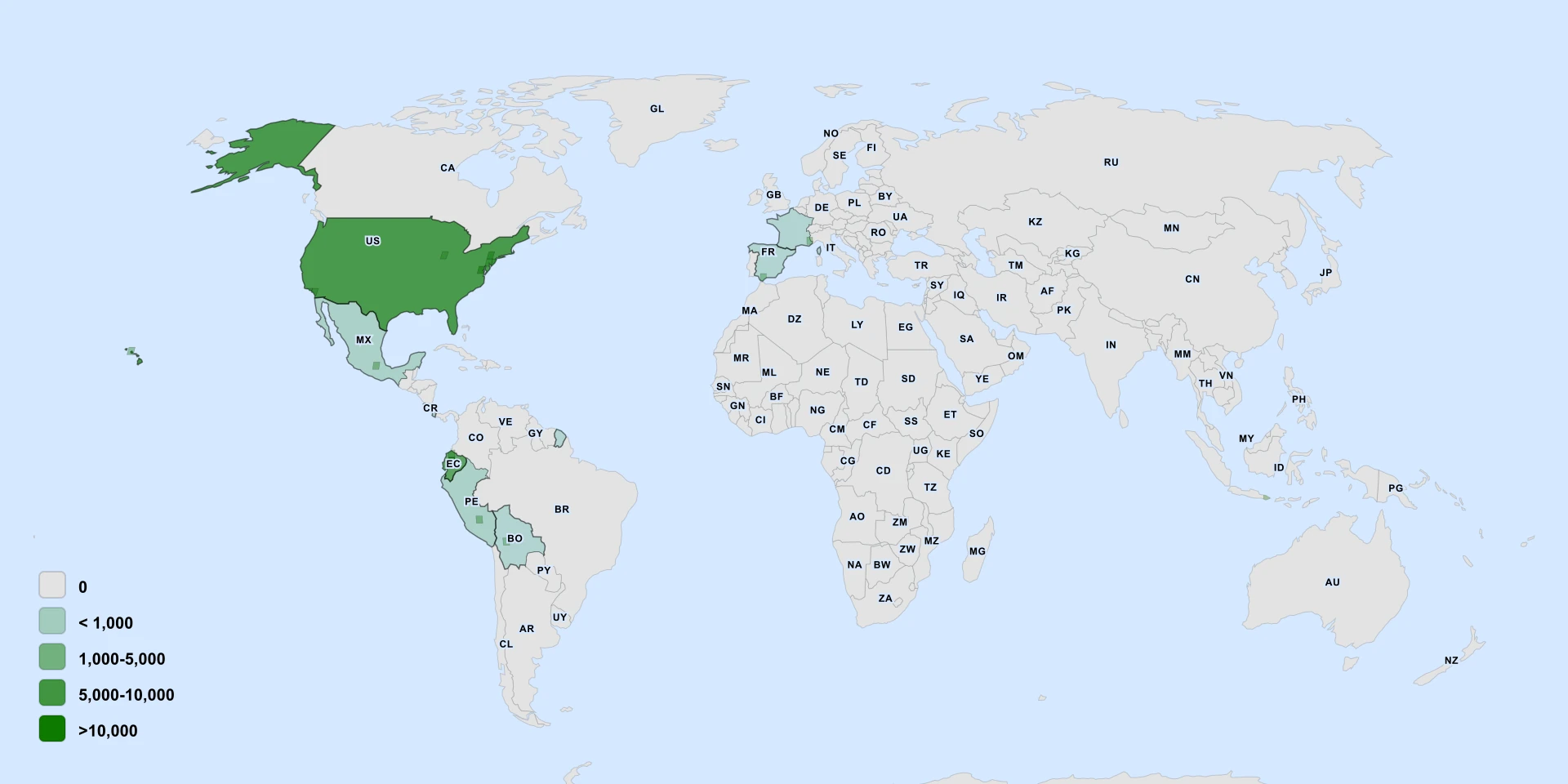 Distribution map for Peruvian-Daffodil (Ismene narcissiflora)