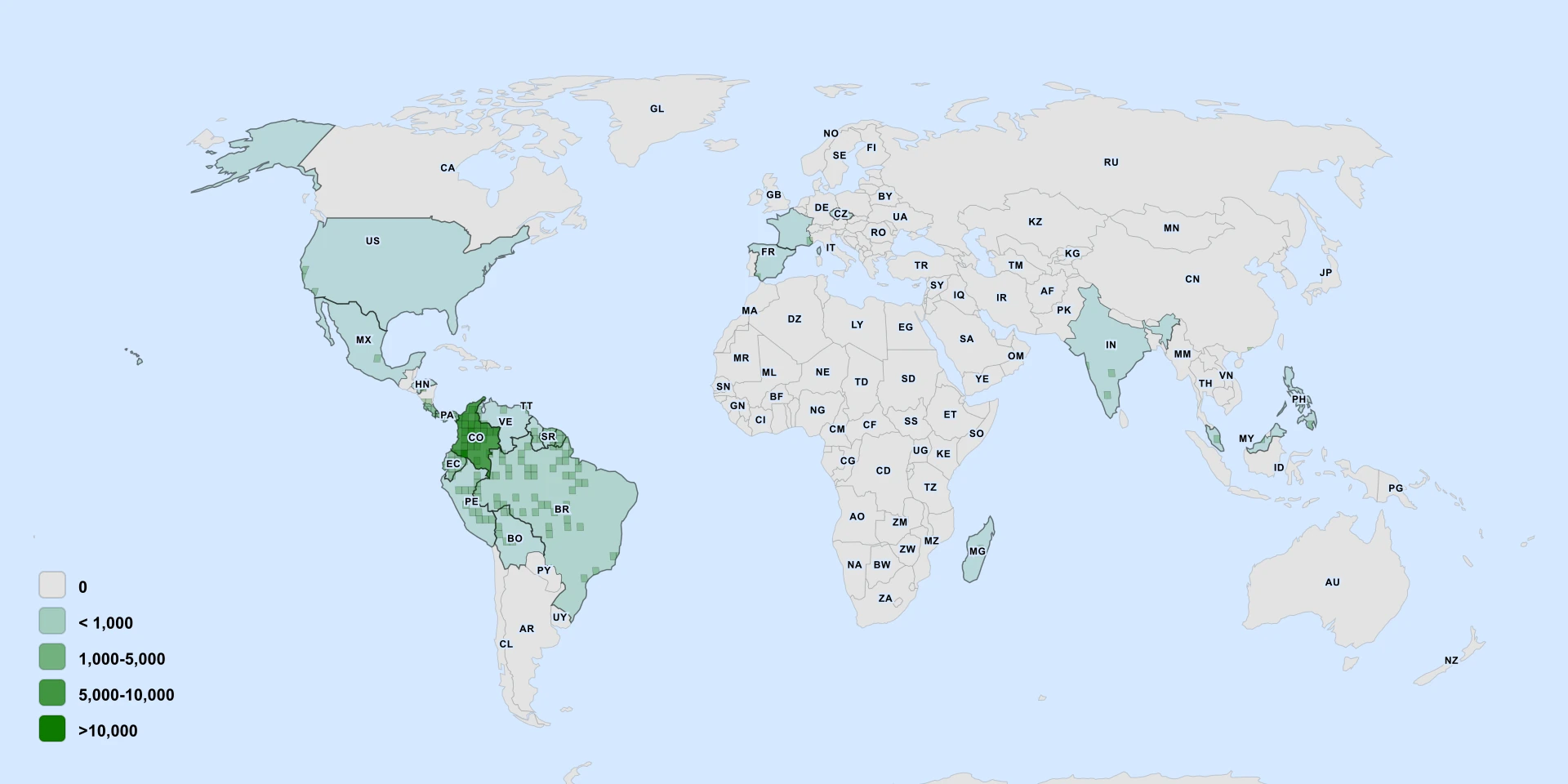 Distribution map for Jacaranda Copaia (Jacaranda copaia)