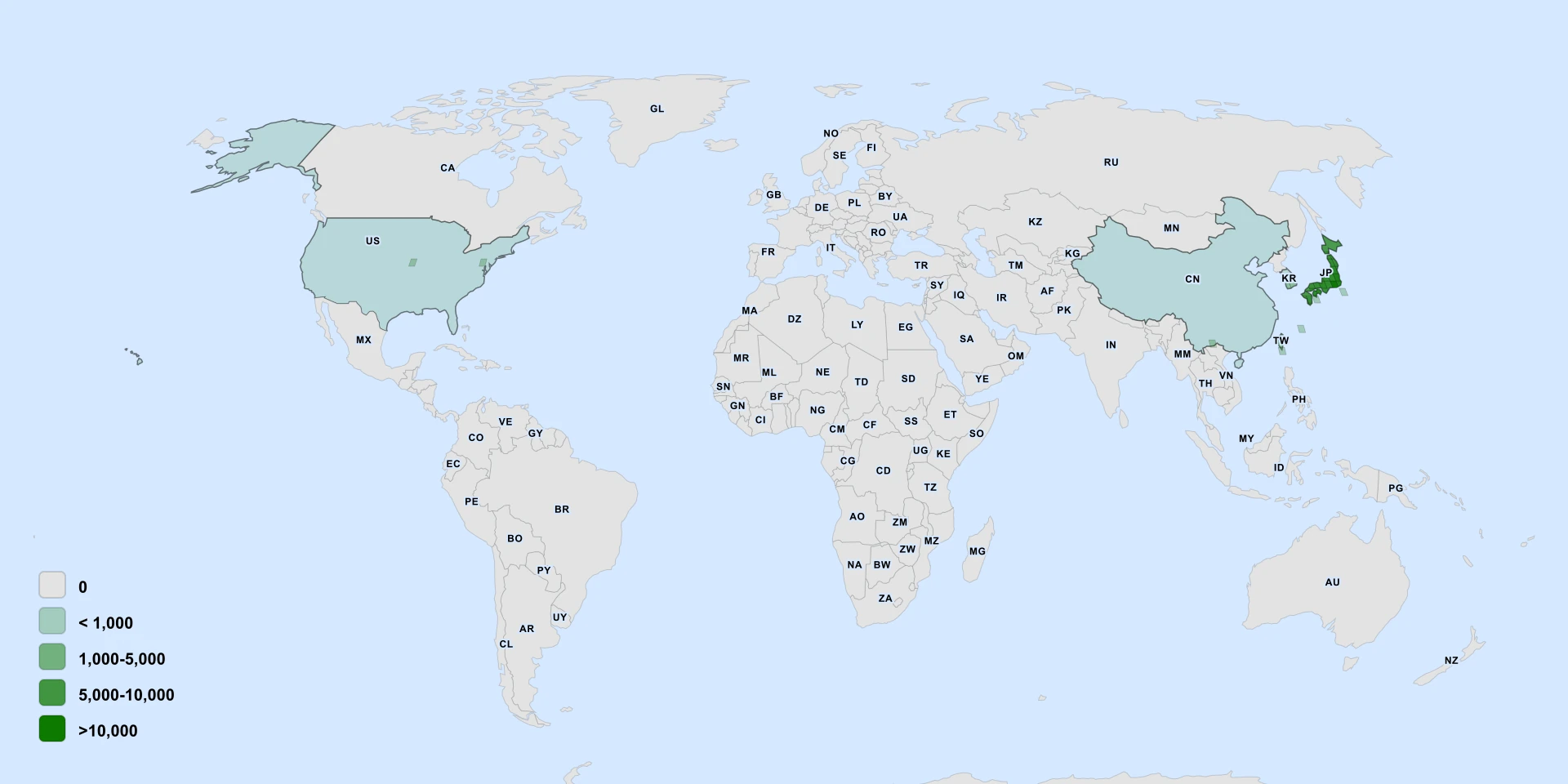 Distribution map for Lesser Lilyturf (Liriope minor)