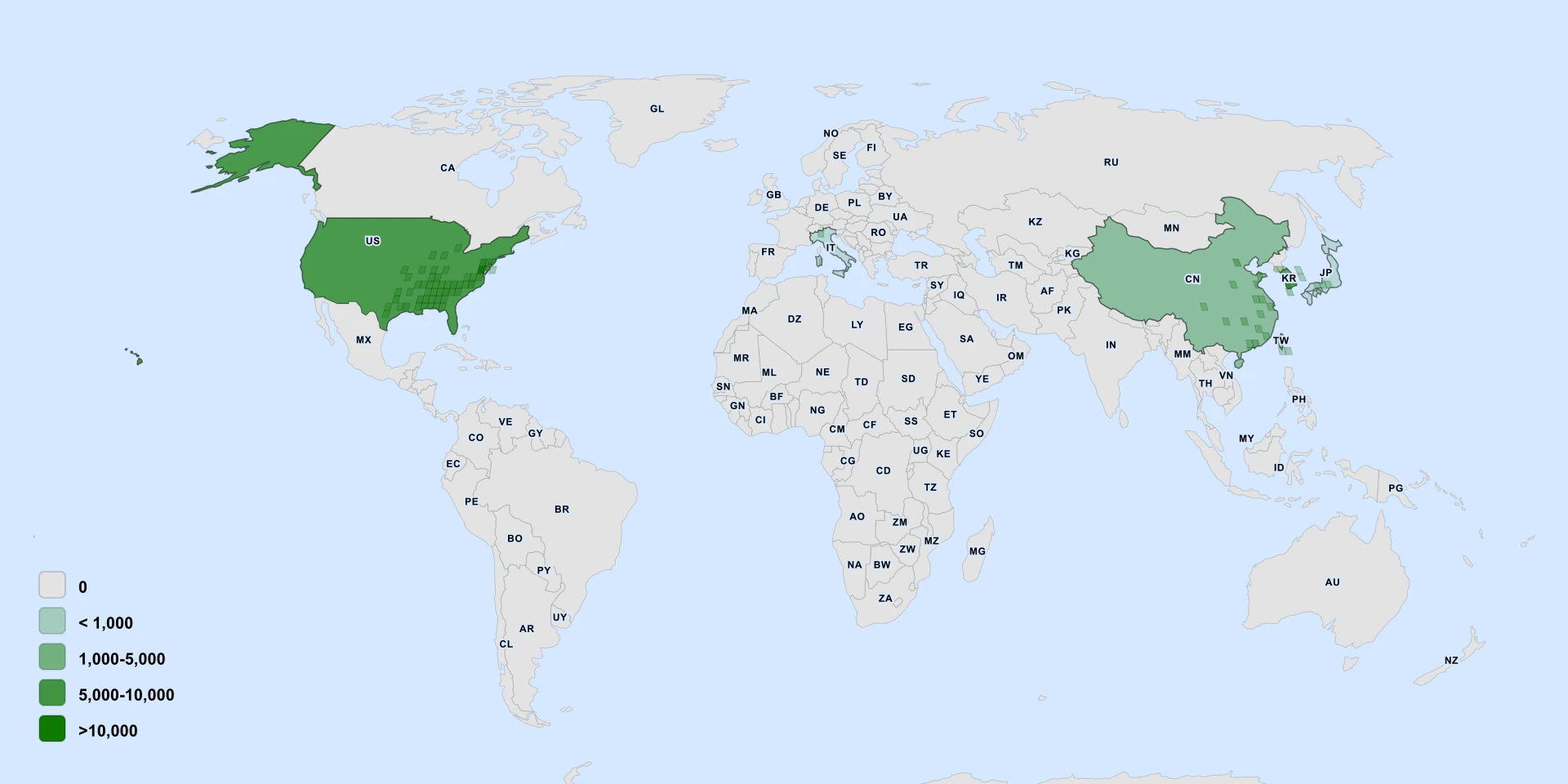 Distribution map for Creeping Lilyturf (Liriope spicata)