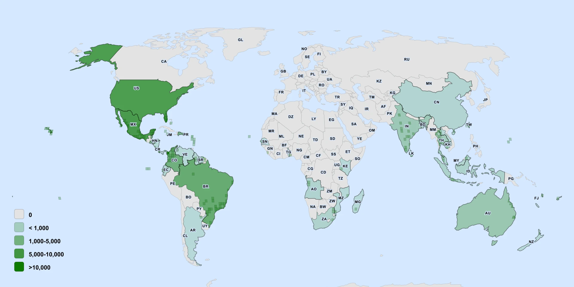 Carte de répartition : Le Melon Amer (Momordica charantia)