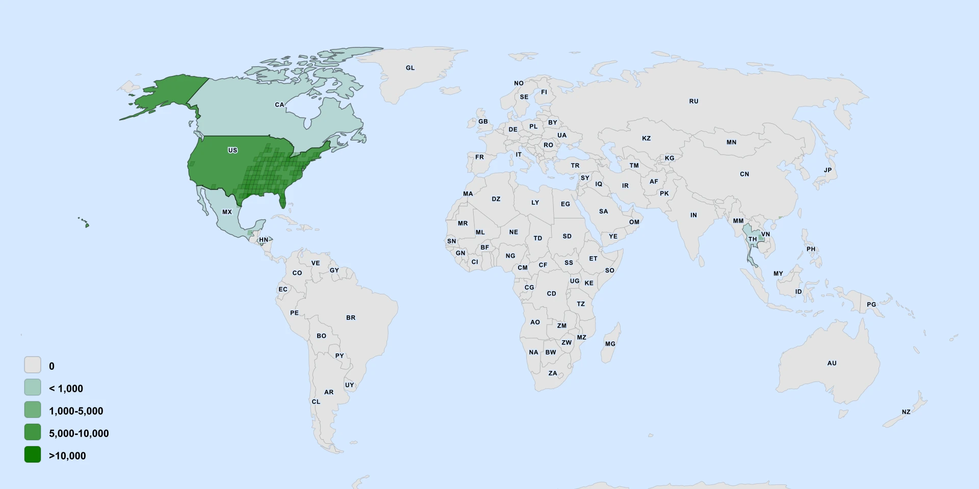 Distribution map for Yellow Lotus (Nelumbo lutea)