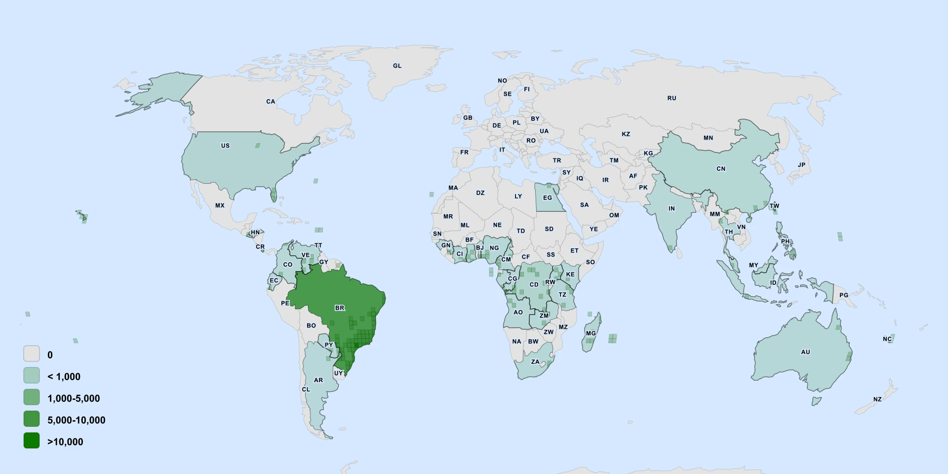 Distribution map for Saba Nut Tree (Pachira glabra)