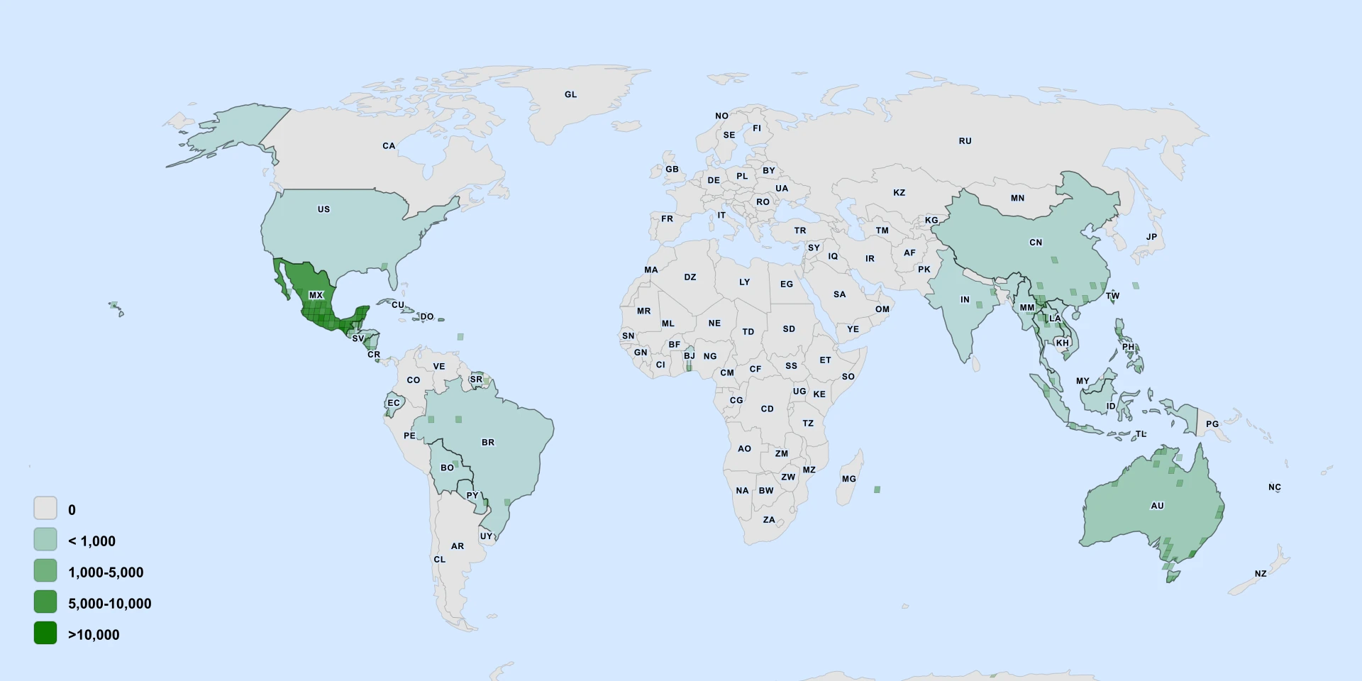 Distribution map for Jicama (Pachyrhizus erosus)