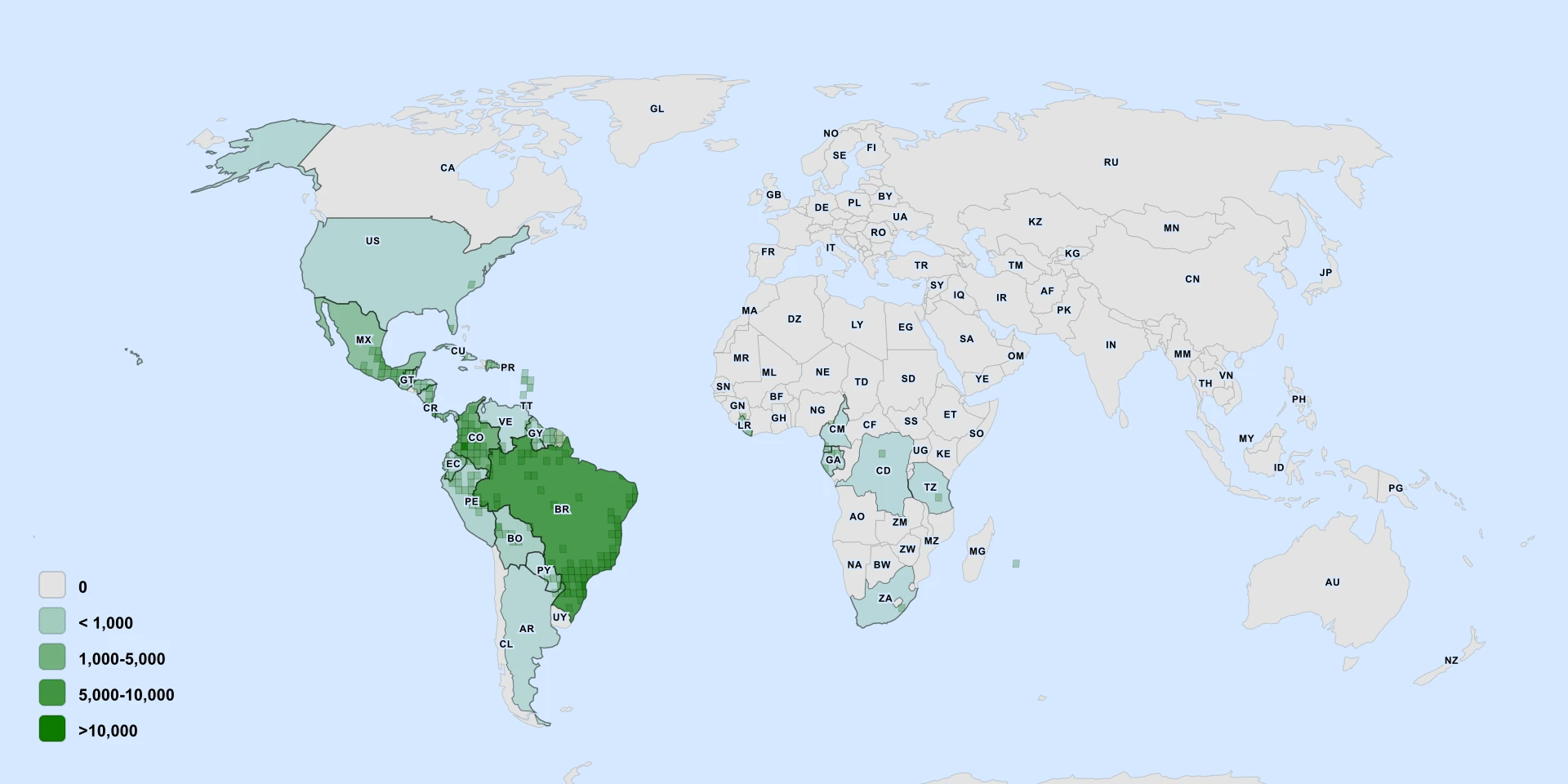 Carte de répartition : Collier De Jade (Peperomia rotundifolia)