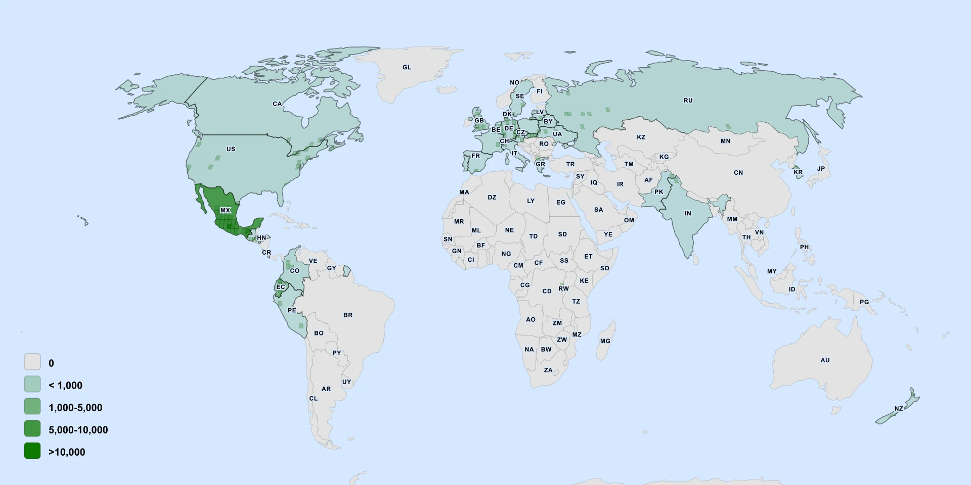 Distribution map for Runner Bean (Phaseolus coccineus)