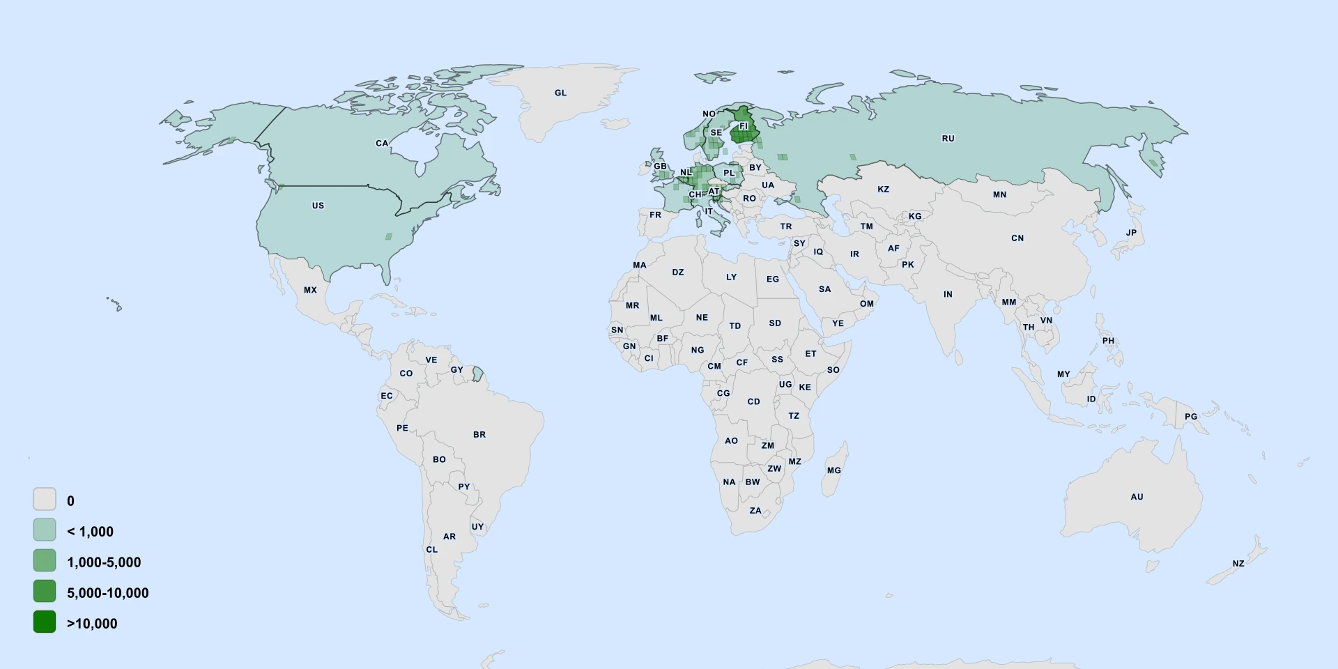 Carte de répartition : Ávttja (Prunus padus)