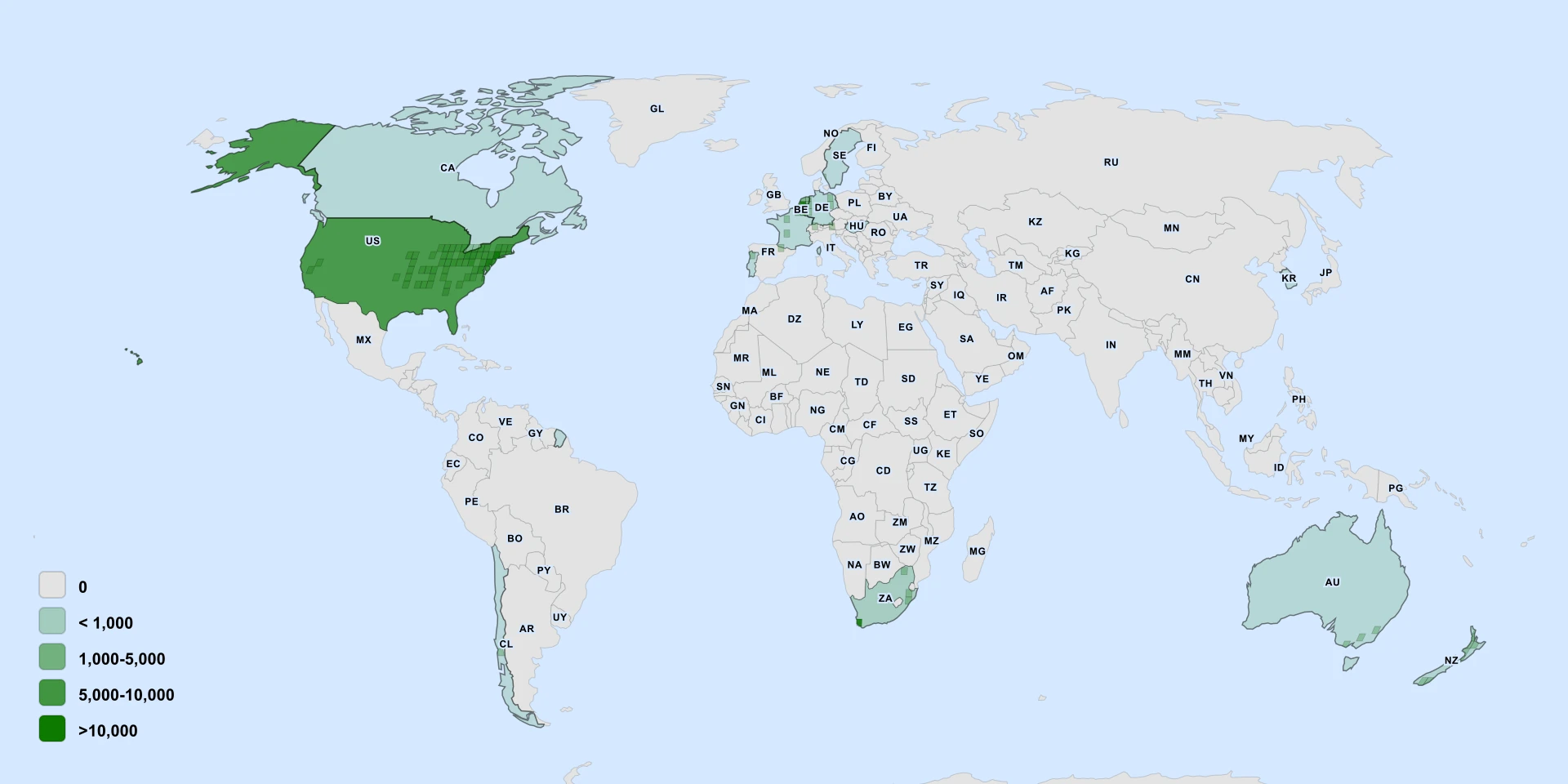 Distribution map for Pin Oak (Quercus palustris)