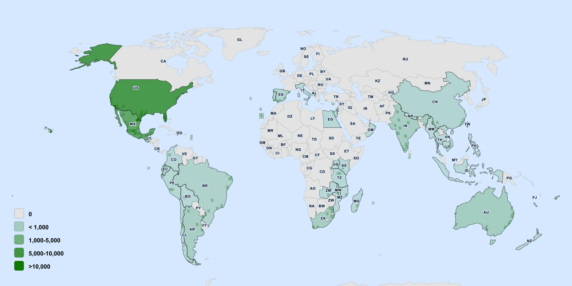Carte de répartition : Le Ricin (Ricinus communis)