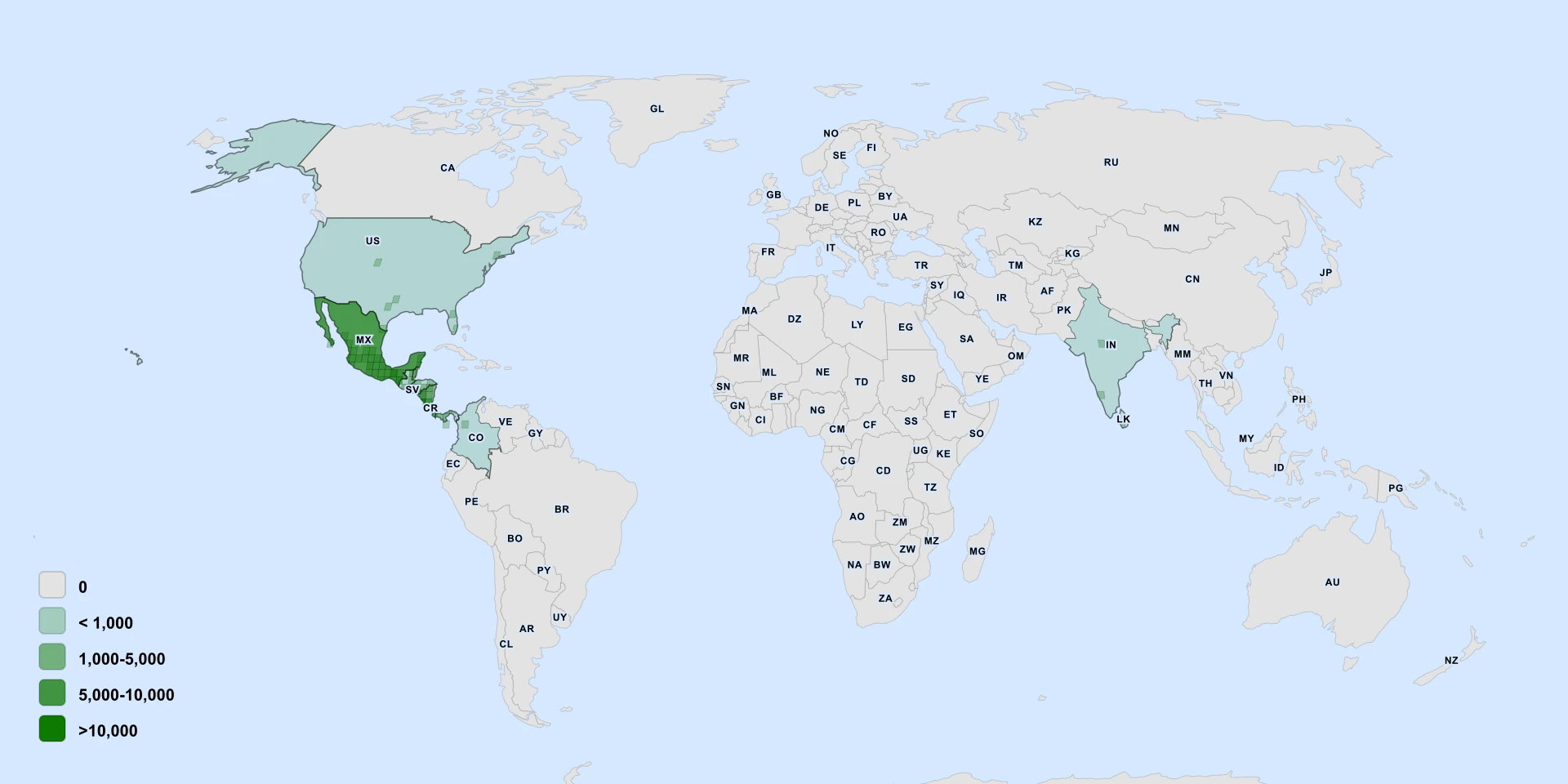 Distribution map for Antiqua Sage (Russelia sarmentosa)
