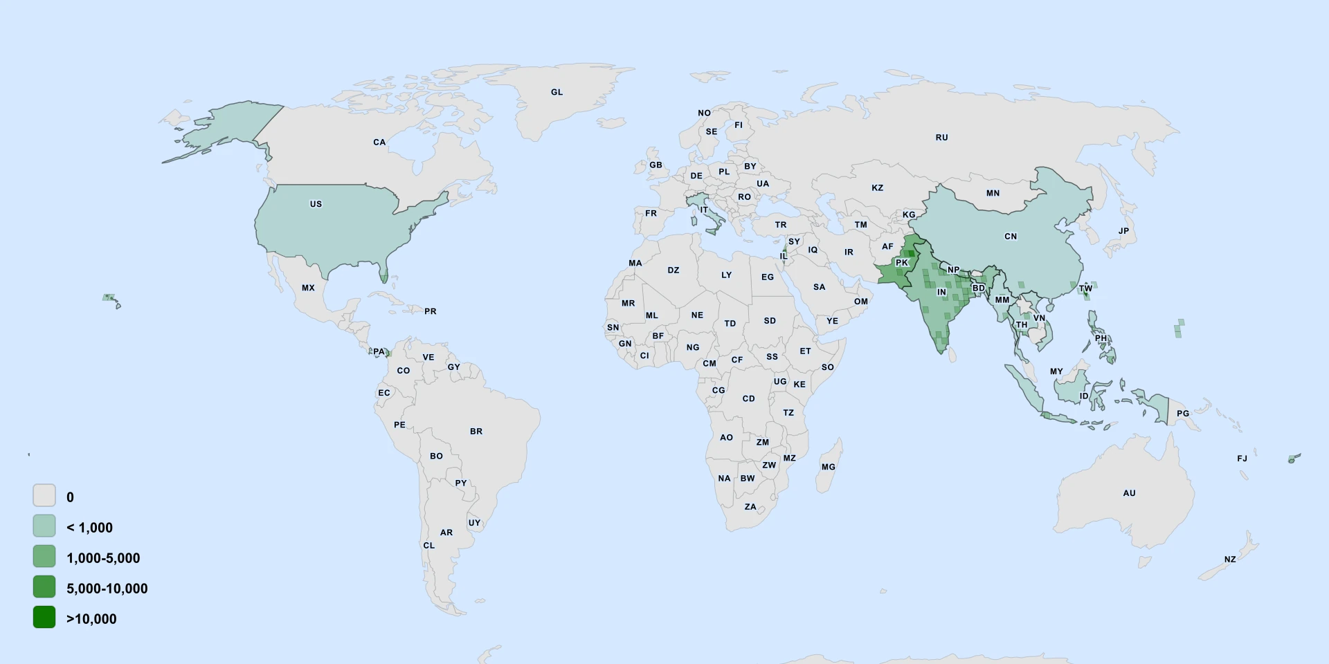 Distribution map for Wild Cane (Saccharum spontaneum)
