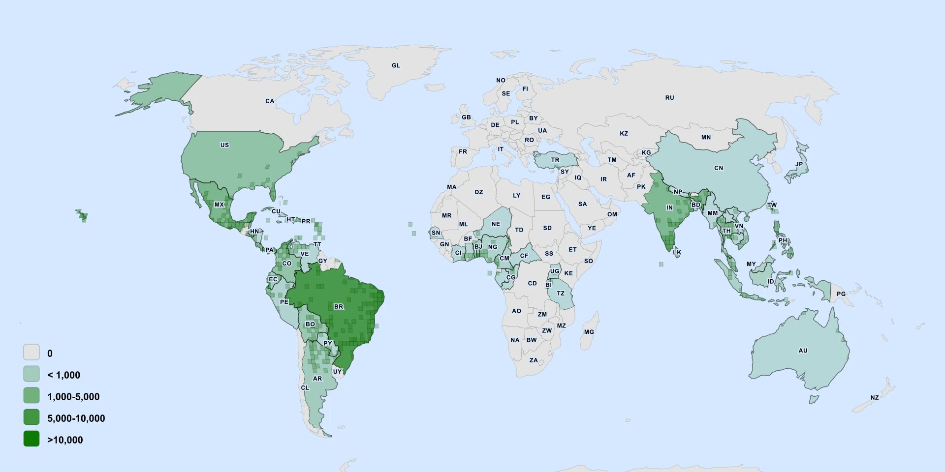 Distribution map for Philippine Spinach (Talinum fruticosum)