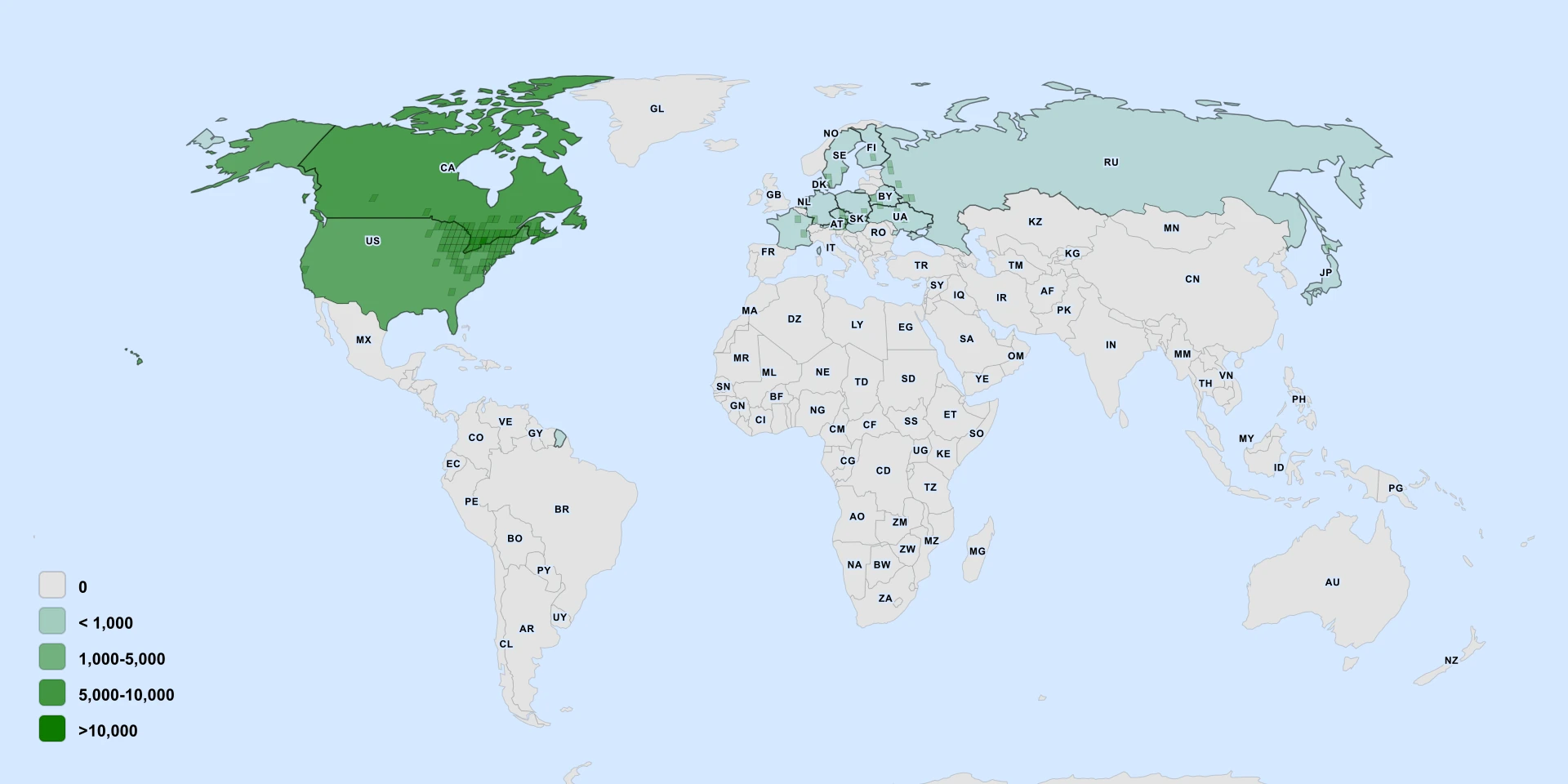 Distribution map for Northern Whitecedar (Thuja occidentalis)