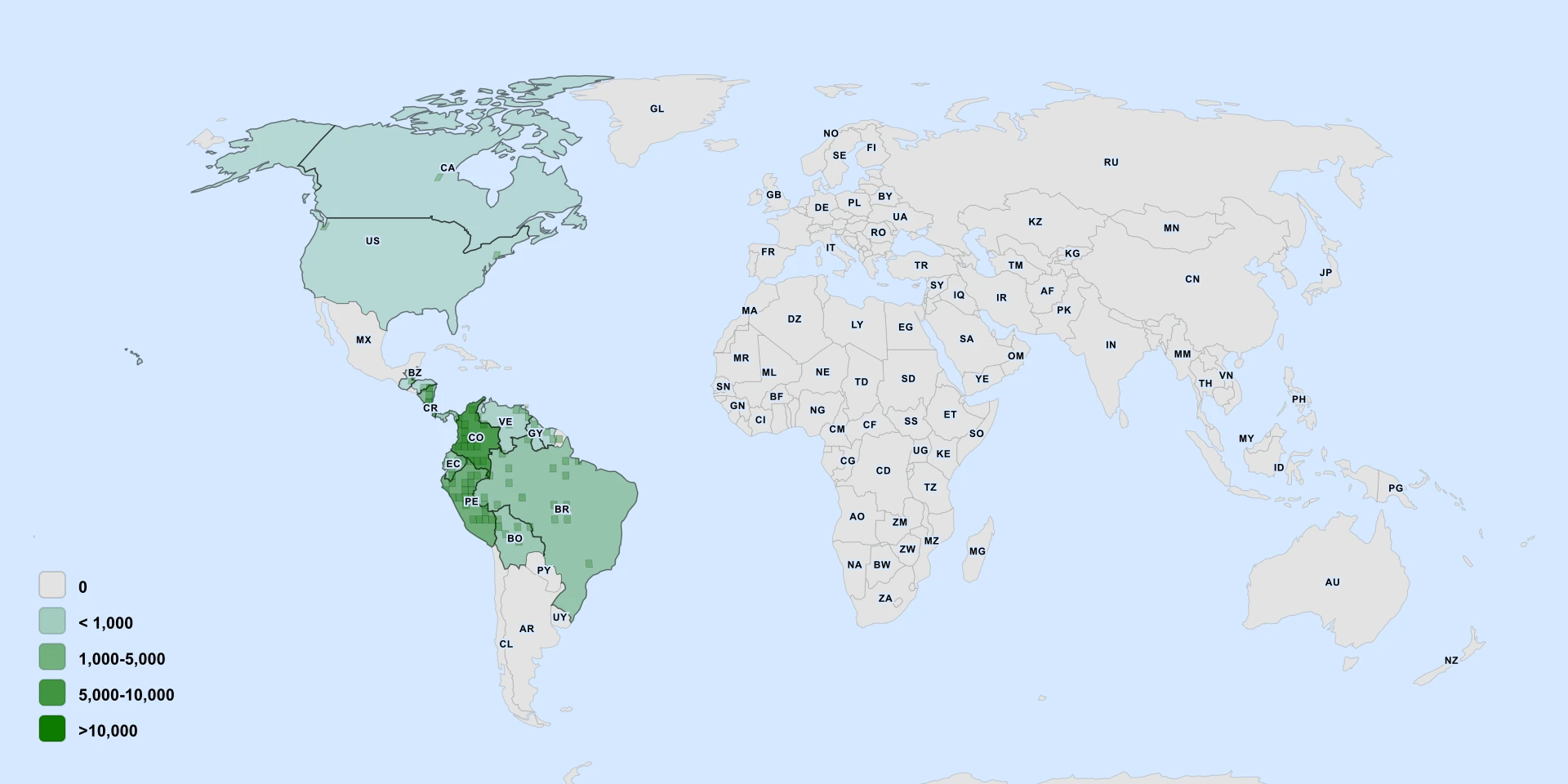 Distribution map for Cat's Claw (Uncaria tomentosa)