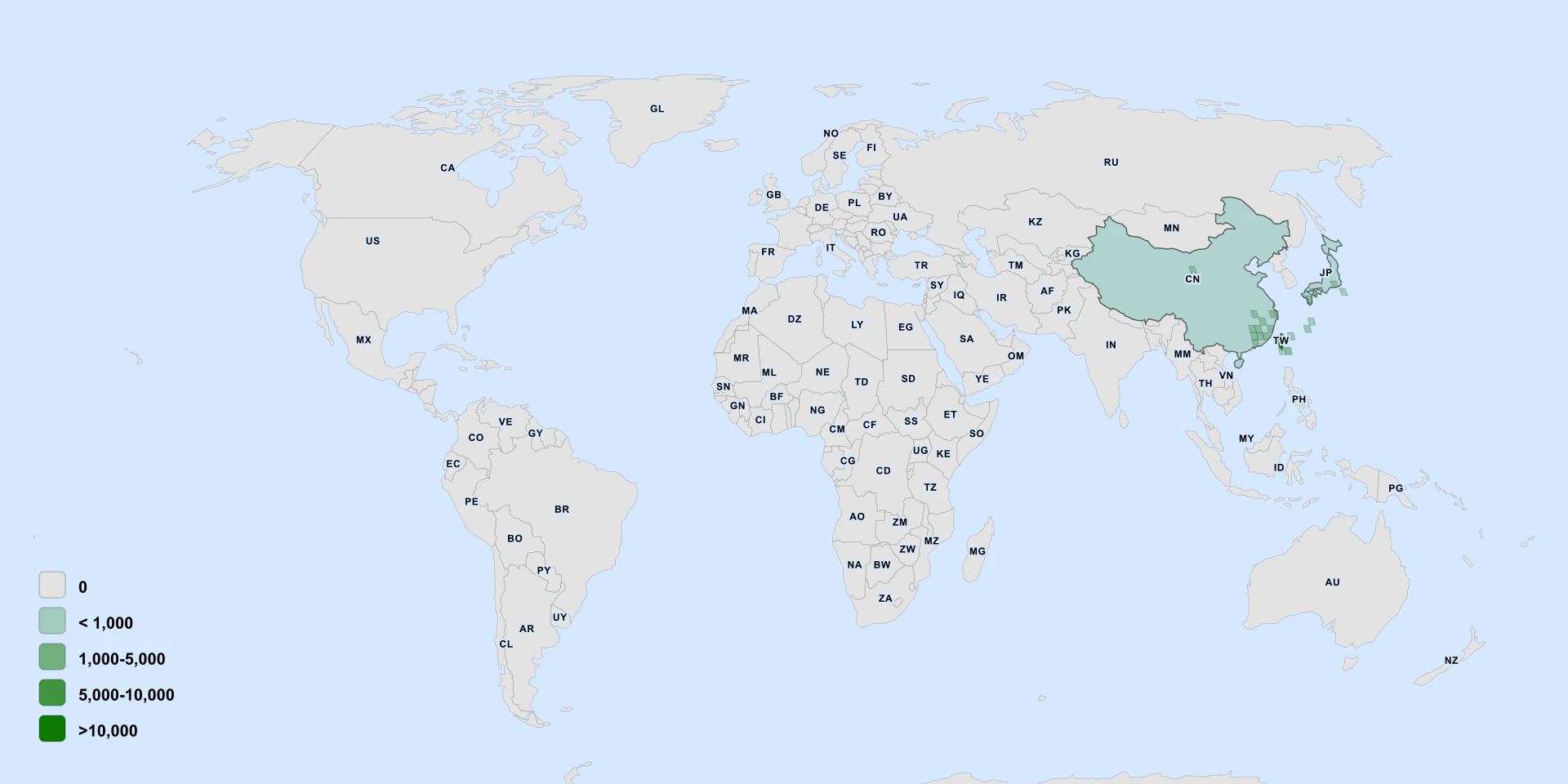 Distribution map for Woodwardia Prolifera (Woodwardia prolifera)