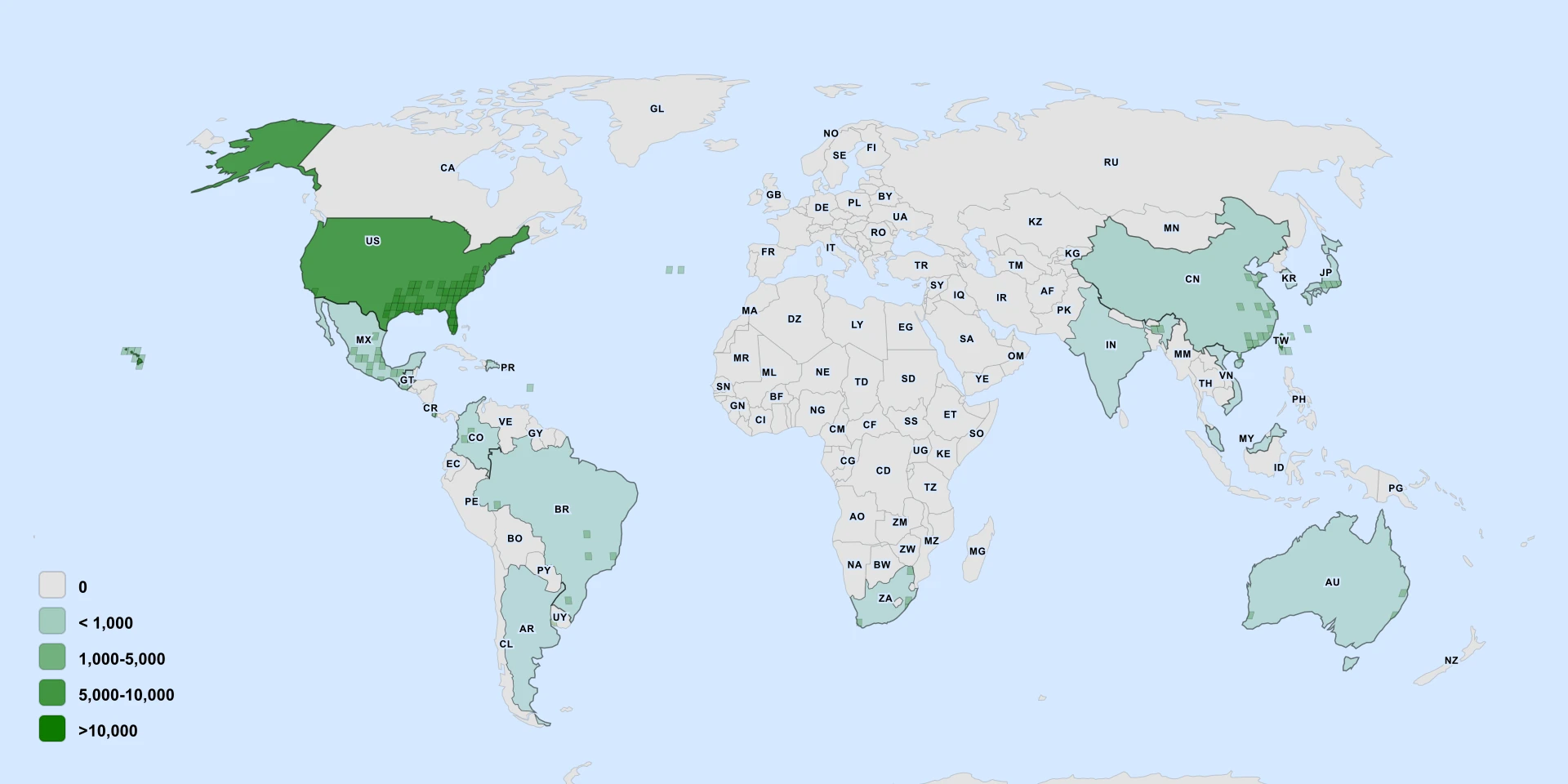 Carte de répartition : Asiatic False-Hawksbeard (Youngia japonica)